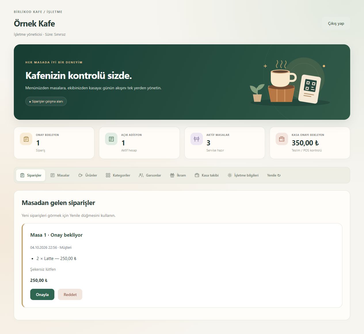 Ekibin sipariş ekranı