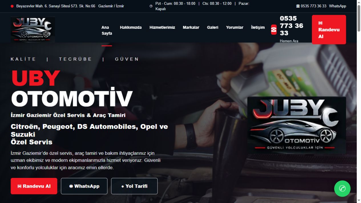 UBY Otomotiv web sitesi ekran görüntüsü